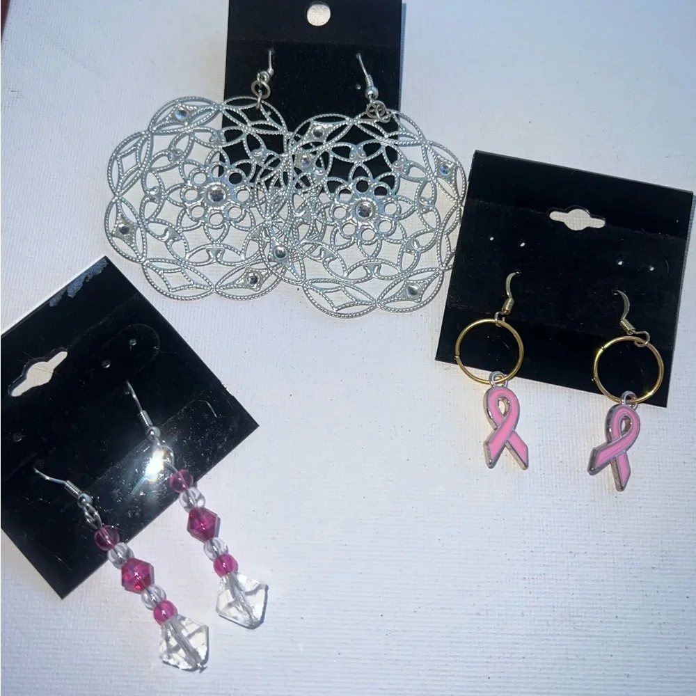 Set of 3 Pairs Dangle Drop‎ Earrings Silver Tone Pink Ribbon Gold Tone Beaded